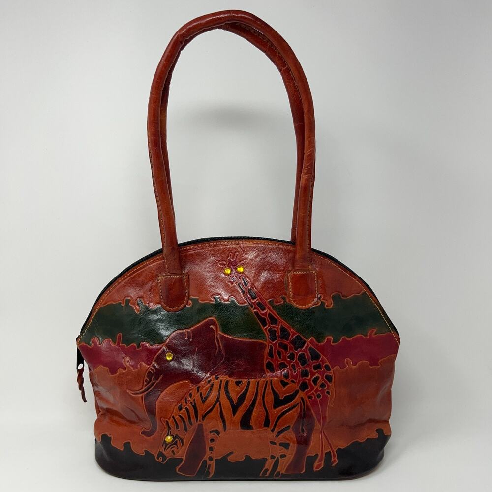 Vintage 90s Tooled Hand Painted Leather Safari Handbag Giraffe Elephant Zebra